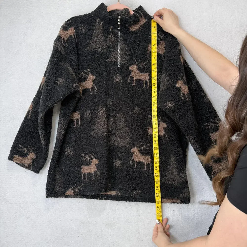 Alias Sweater Womens Large Black Fleece 1/4 Zip Reindeer Trees Mock Neck cabin